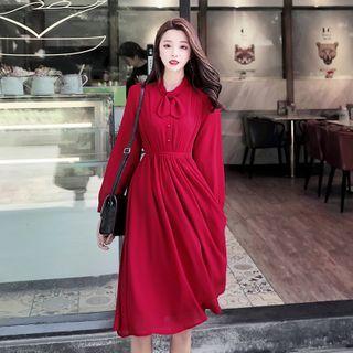 Long-sleeve Tie-neck Chiffon A-line Dress