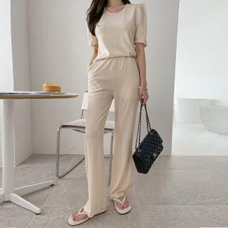 Sharp-shoulder Top & Straight-leg Pants Matching Set
