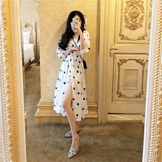 Side Slit Dotted Long-sleeve A-line Midi Dress