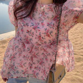 Set: Floral Print Puff-sleeve Peplum Blouse + Camisole
