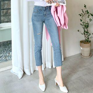 Washed Cropped Slit Skinny Jeans