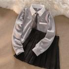 Mock Two-piece Collared Sweatshirt / Pleated Mini A-line Skirt