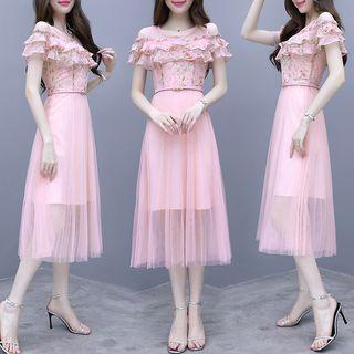 Floral Print A-line Midi Mesh Dress