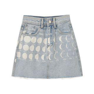 Print Fray Hem Denim Mini A-line Skirt