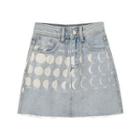 Print Fray Hem Denim Mini A-line Skirt