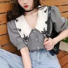 Gingham Puff-sleeve Blouse As Shown In Figure - One Size
