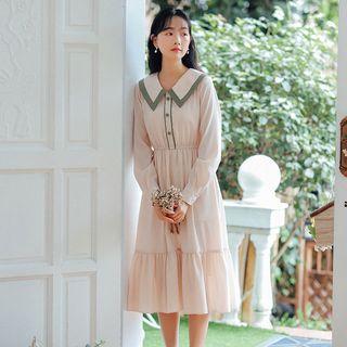 Contrast Trim Collared Long-sleeve Dress