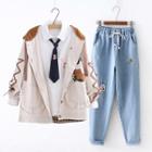 Bear Print Single-breasted Hooded Jacket / Straight-cut Jeans / Set