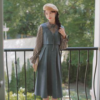 Mock Two-piece Long-sleeve Plaid Bow Midi A-line Dress