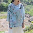 3/4-sleeve  Frog-buttoned Printed Top Floral - Light Blue - One Size