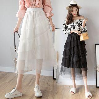 Pleated-trim Midi A-line Mesh Skirt