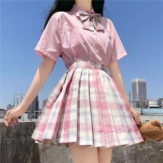 Short-sleeve Shirt / Plaid Pleated Mini A-line Skirt / Bow Tie / Set