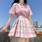 Short-sleeve Shirt / Plaid Pleated Mini A-line Skirt / Bow Tie / Set