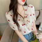 Short-sleeve Floral Embroidered Frill Trim Mesh Top