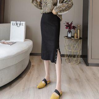 Slit Midi Pencil Ribbed Knit Skirt