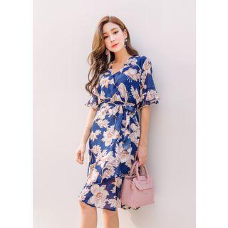 Surplice-wrap Floral-pattern Dress With Sash