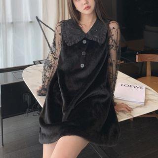 Long-sleeve Collared Velvet Panel Mesh Dress
