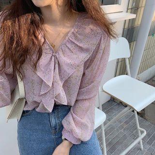 Long-sleeve V-neck Floral Ruffle Trim Blouse
