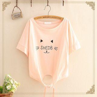 Tie-waist Cat Print Short-sleeve Top