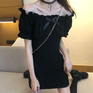 Short-sleeve Frill Trim Mini Sheath Dress Black - One Size