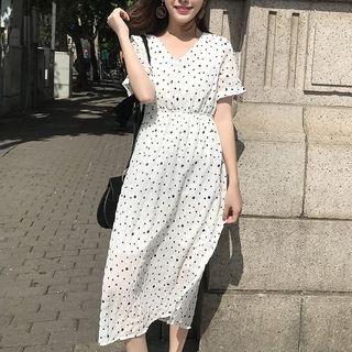 V-neck Slit Dotted Print Midi Chiffon Dress