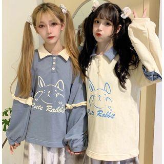 Rabbit Print Polo-collar Sweatshirt