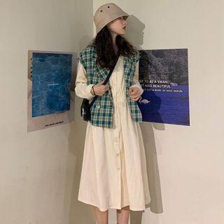 Long-sleeve Buttoned Midi A-line Dress / Double-breasted Plaid Vest