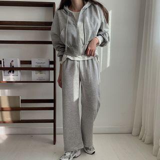 Set: Cropped Zip-up Hoodie + Wide-leg Pants