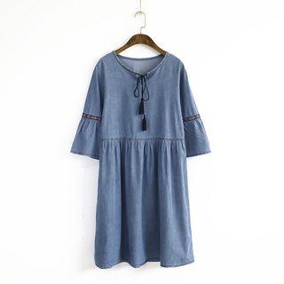 Embroidered Tasseled Elbow Sleeve Denim Dress
