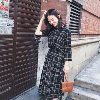 3/4-sleeve Plaid Midi A-line Dress