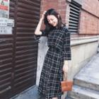 3/4-sleeve Plaid Midi A-line Dress