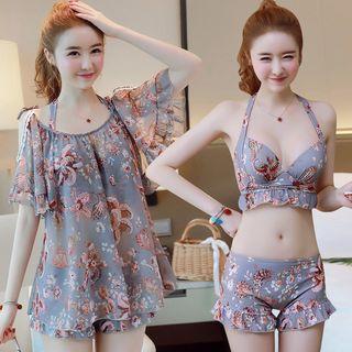 Set: Floral Print Bikini Top + Swim Shorts + Short-sleeve Cover-up