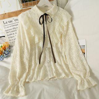 Ribbon-neckline Ruffled Loose Lace Blouse