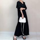 Long-sleeve V-neck Maxi A-line Dress Black - One Size