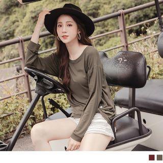 Knotted Hem Long Sleeve Plain T-shirt
