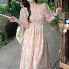 Puff-sleeve Floral Midi A-line Dress Pink Floral - Beige - One Size