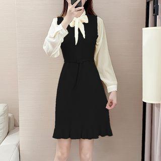 Set: Plain Blouse + Knit Mini Sheath Overall Dress
