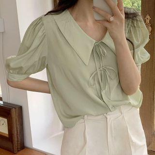 Puff-sleeve Collared Tie-front Blouse