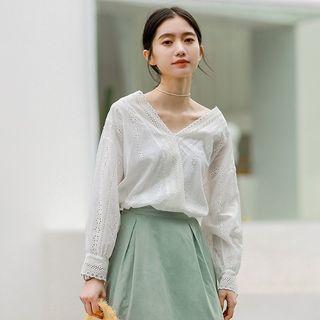 V-neck Embroidered Top White - One Size