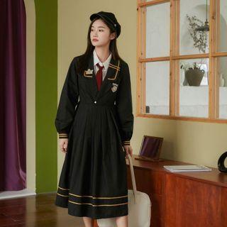 Set: Single Breasted Midi A-line Coat Dress + Long-sleeve Tie-neck Shirt