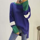Color Block Long Sweater Blue - One Size