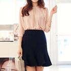 Pleated Band-collar Blouse