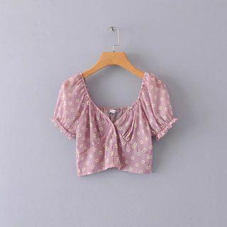 Flora Print Puff-sleeve Cropped Top