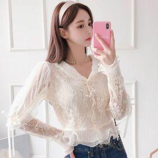 Shawl-collar Crop Lace Blouse