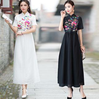 Embroidered Midi Short-sleeve Dress
