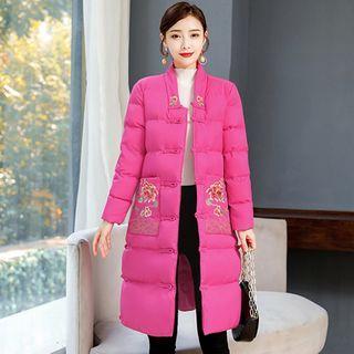 Set: Floral Embroidered Padded Frog-buttoned Coat + Scarf
