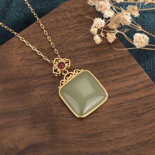 Square Faux Gemstone Pendant Alloy Necklace Cp59 - Gold & Green - One Size