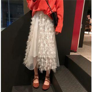 Fringed A-line Midi Mesh Skirt As Shown In Figure - One Size