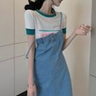 Short-sleeve T-shirt / Fray Hem Midi Denim Overall Dress