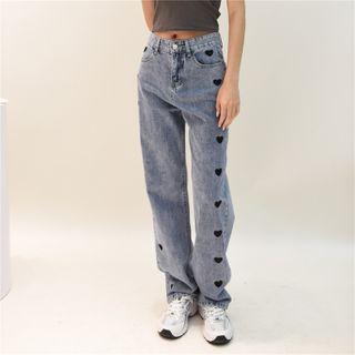 High-waist Embroider Washed Straight-cut Jeans